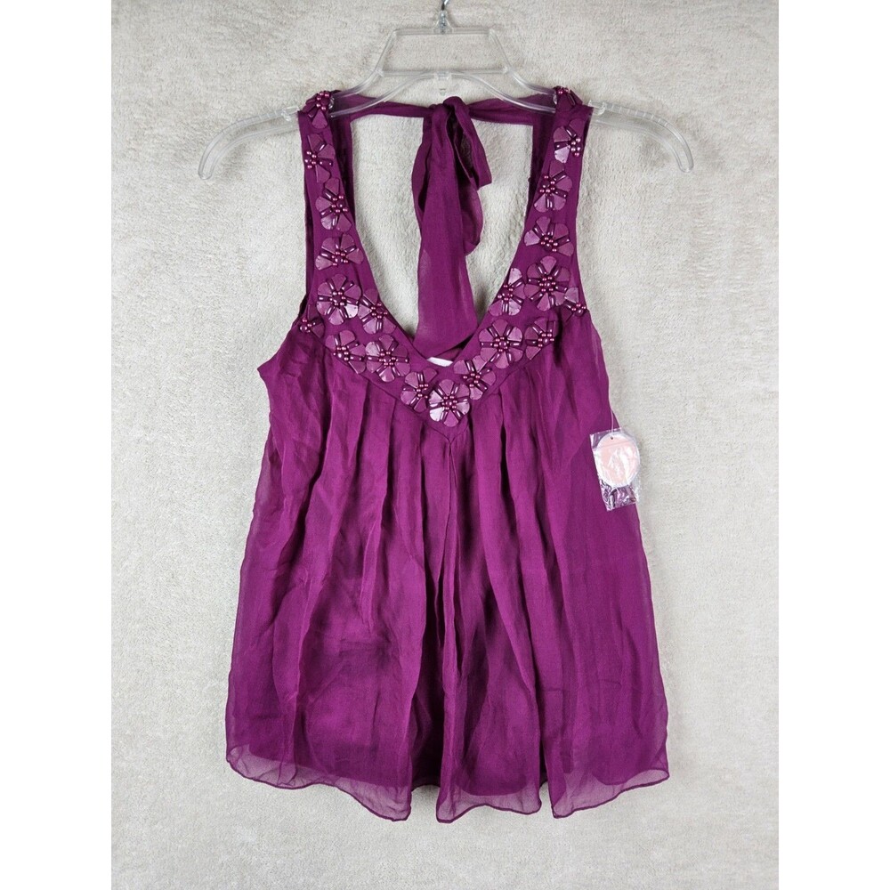 Rebecca Taylor Women's 100% Silk Beaded Flower Tie Back Blouse Top Size 2